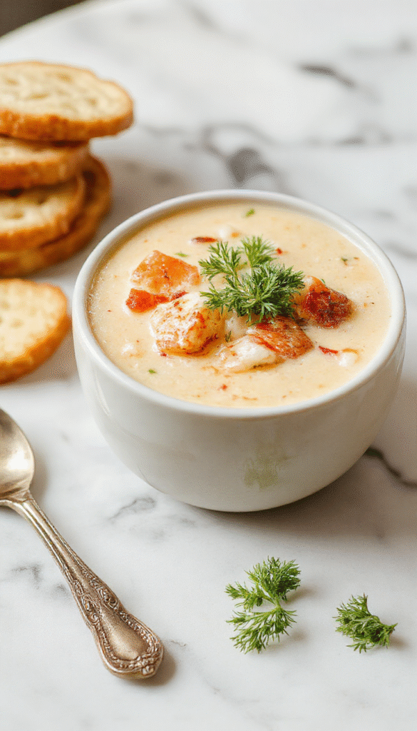A vibrant bowl of hearty soup featuring chunks of vegetables and tender meat in a rich broth, garnished with fresh herbs, served in a rustic white bowl on a wooden table with a spoon and bread beside it.