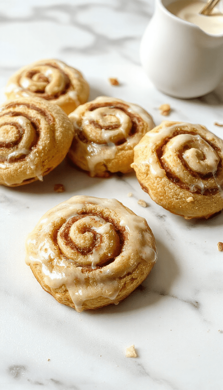 A plate of golden-brown cinnamon roll cookies topped with a drizzle of creamy glaze, arranged on a rustic wooden table with a cozy autumn background, showcasing the swirling spiral design and soft textures of the cookies.