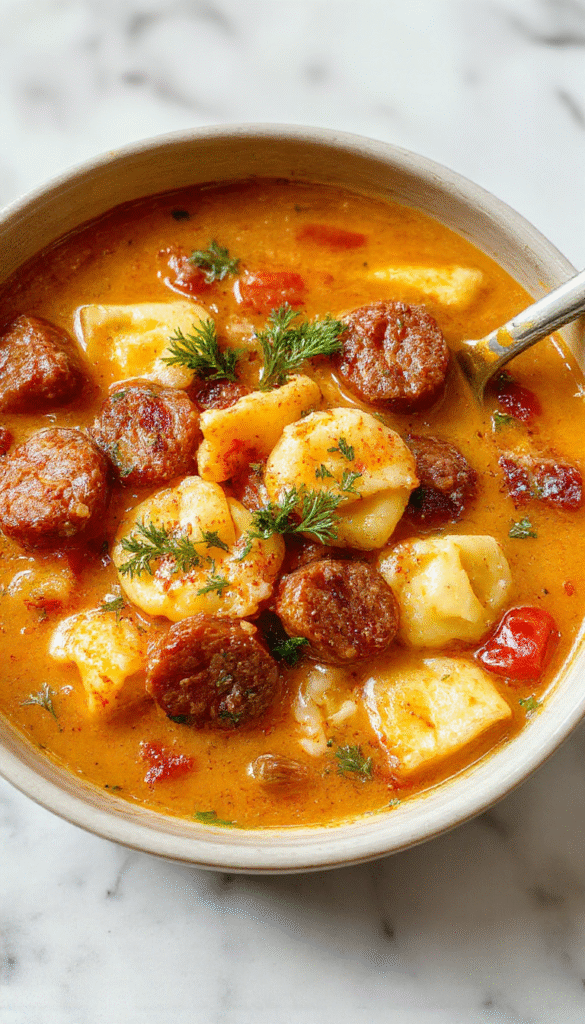 A warm bowl of autumn tortellini soup featuring colorful fall vegetables, plump tortellini and slices of sausage, garnished with fresh herbs, presented in a rustic white bowl on a wooden table with seasonal decorations in the background.