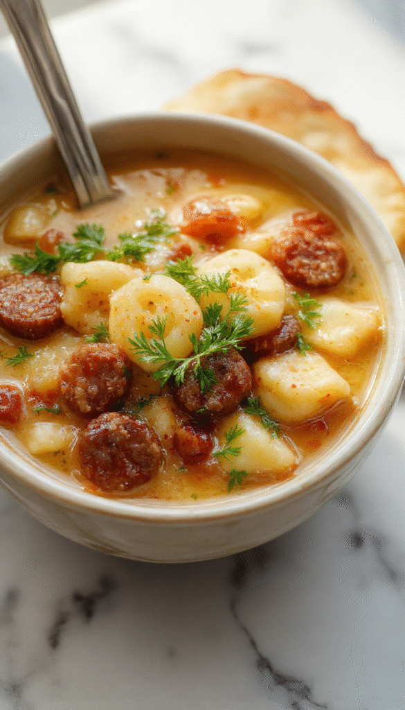 A vibrant bowl of autumn tortellini soup with colorful ingredients including plump tortellini, slices of sausage, chopped fresh herbs, and diced vegetables in a rich broth, garnished with parsley and Parmesan cheese on a rustic wooden table.