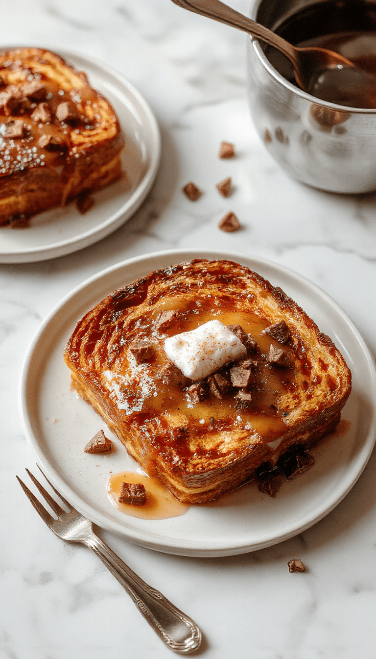 A vibrant plate of pumpkin french toast topped with powdered sugar, caramelized pumpkin slices, and a drizzle of maple syrup. The toast is golden brown with a fluffy interior, garnished with chopped pecans and fresh berries, styled on a rustic wooden table with a cup of coffee in the background, evoking warmth and comfort.