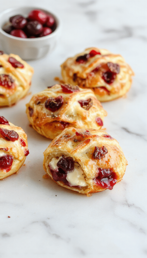 A close-up of golden-brown crescent roll bites topped with vibrant red cranberries and creamy white cheese, arranged on a rustic white plate with a sprig of fresh herbs, showcasing a crunchy exterior and soft, cheesy filling.