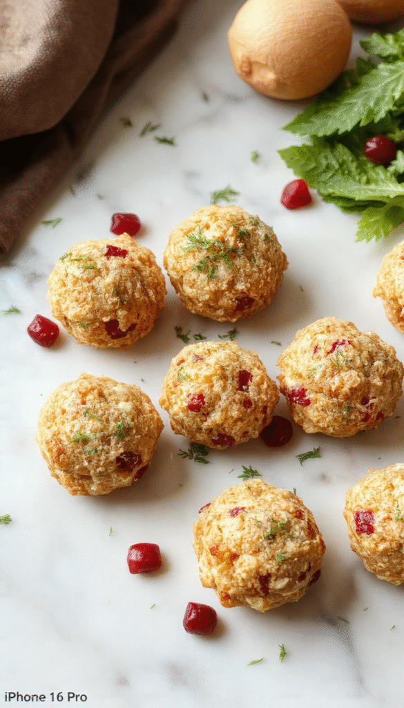 Golden-brown turkey stuffing balls dotted with vibrant red cranberries, arranged on a white plate with fresh herbs and cranberries as garnish, showcasing crispy edges and moist interior, styled with a rustic wooden background.