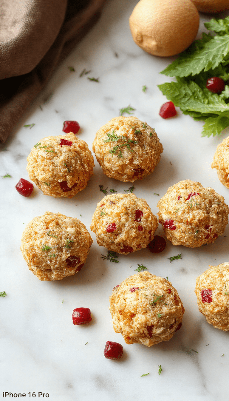 Golden-brown turkey stuffing balls dotted with vibrant red cranberries, arranged on a white plate with fresh herbs and cranberries as garnish, showcasing crispy edges and moist interior, styled with a rustic wooden background.