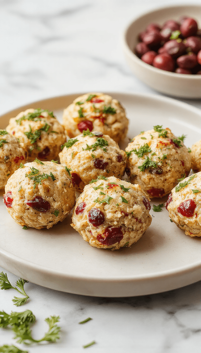 Golden-brown cranberries and diced turkey mixed with stuffing, formed into small round balls on a white plate, garnished with fresh herbs, with a festive background featuring a holiday table setting