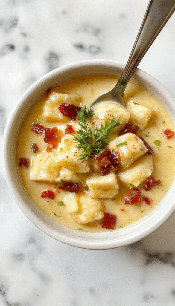 A vibrant bowl of creamy bacon cheddar gnocchi soup garnished with crispy bacon bits and melted cheddar cheese, served on a rustic wooden table with a spoon, showing a rich, velvety texture, golden-brown toasted gnocchi, and fresh green herbs for garnish