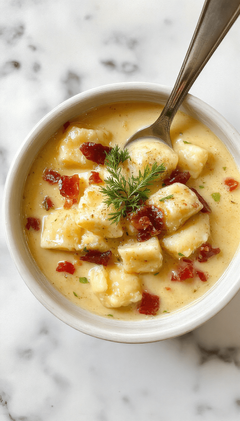 A vibrant bowl of creamy bacon cheddar gnocchi soup garnished with crispy bacon bits and melted cheddar cheese, served on a rustic wooden table with a spoon, showing a rich, velvety texture, golden-brown toasted gnocchi, and fresh green herbs for garnish