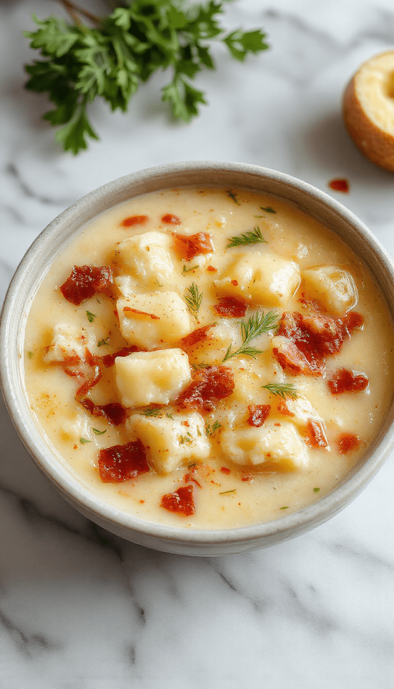 A bowl of creamy bacon cheddar gnocchi soup garnished with crispy bacon bits and shredded cheddar cheese, served in a rustic white bowl on a wooden table, with a spoon and fresh parsley, highlighting the rich textures and warm tones of the soup.