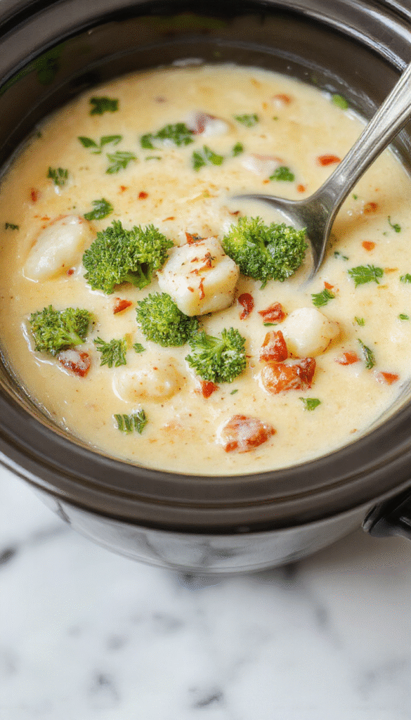 A bowl of creamy broccoli and potato soup topped with shredded cheese, green broccoli florets, and fresh herbs, served on a rustic wooden table with a spoon, capturing vibrant green, golden yellow, and white colors with a smooth, velvety texture.