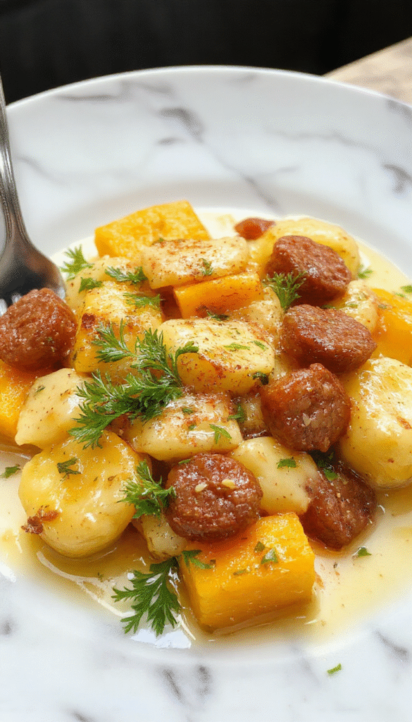 A close-up of golden-brown, tender butternut squash gnocchi coated in a rich creamy sauce, topped with sliced grilled sausage and freshly chopped herbs, served on a rustic white plate with a vibrant orange squash background