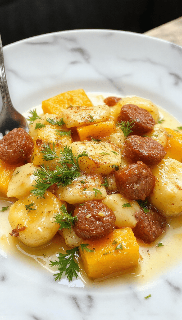 A close-up of golden-brown, tender butternut squash gnocchi coated in a rich creamy sauce, topped with sliced grilled sausage and freshly chopped herbs, served on a rustic white plate with a vibrant orange squash background