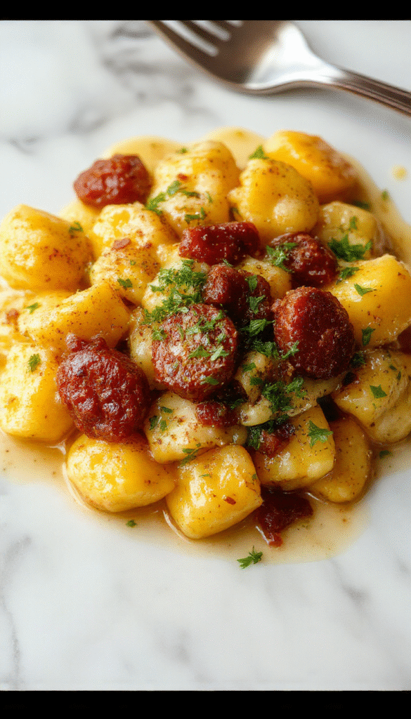 A close-up of golden-brown gnocchi coated in creamy orange butternut squash sauce, garnished with slices of cooked sausage and fresh herbs, served on a white plate with a rustic wooden background, showcasing the rich textures and vibrant colors of fall ingredients