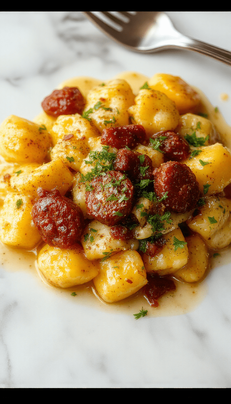 A close-up of golden-brown gnocchi coated in creamy orange butternut squash sauce, garnished with slices of cooked sausage and fresh herbs, served on a white plate with a rustic wooden background, showcasing the rich textures and vibrant colors of fall ingredients