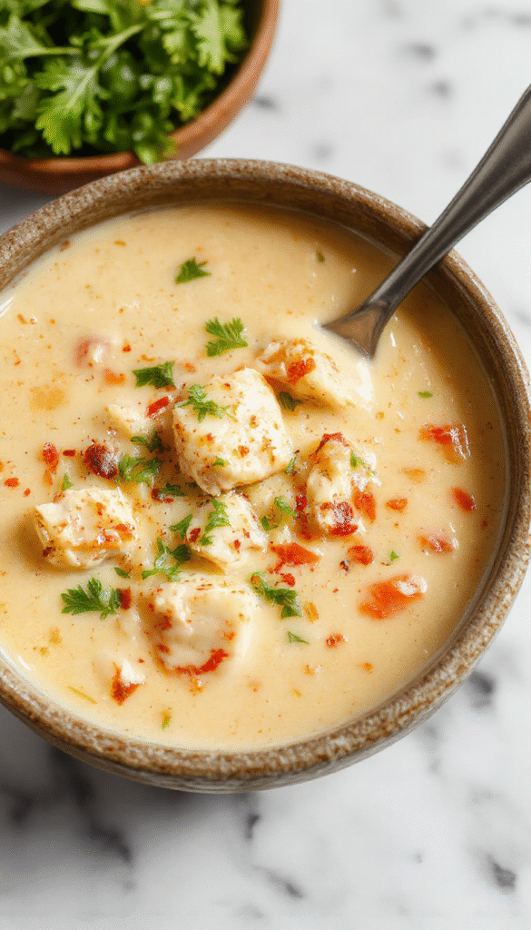 A vibrant bowl of creamy Cajun chicken soup with tender shredded chicken, sliced red peppers, and green herbs, topped with a swirl of cream and a sprinkle of Cajun spices. The soup is presented in a rustic white bowl set on a wooden table, with crispy bread on the side, highlighting its rich, spicy, and creamy textures with vibrant colors.