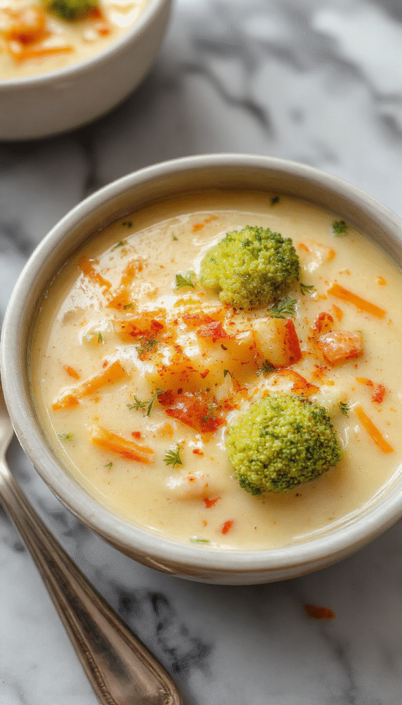 A cozy bowl of creamy cheddar broccoli and potato soup garnished with shredded cheddar cheese and fresh green broccoli florets, set on a rustic wooden table with warm lighting highlighting the smooth, thick texture and vibrant green colors.