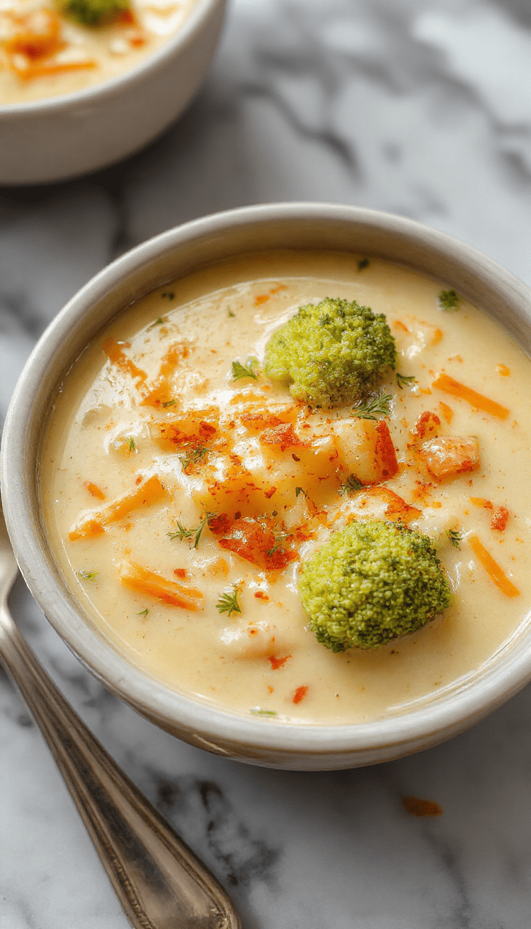 A cozy bowl of creamy cheddar broccoli and potato soup garnished with shredded cheddar cheese and fresh green broccoli florets, set on a rustic wooden table with warm lighting highlighting the smooth, thick texture and vibrant green colors.