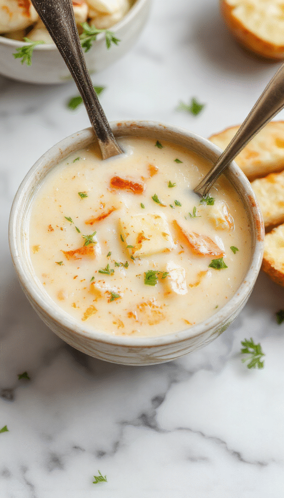 A bowl of creamy potato soup topped with melted cheddar cheese, sprinkled with fresh chopped herbs and minced garlic. The soup has a smooth, thick texture with a golden-brown crust of toasted bread on the side, all presented in a rustic white bowl on a wooden table with fresh herbs scattered around, evoking warmth and comfort.