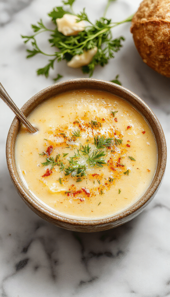A warm bowl of creamy potato soup topped with melted cheddar, fresh herbs, and crisp garlic croutons, served on a rustic wooden table with a spoon and cozy cloth napkin. The soup has a velvety texture and rich golden color, garnished with parsley and grated cheese.