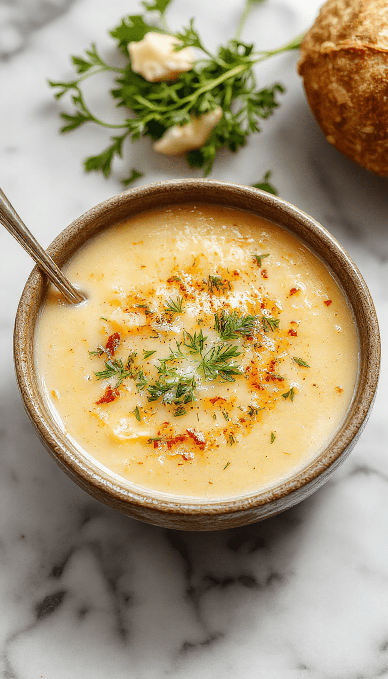 A warm bowl of creamy potato soup topped with melted cheddar, fresh herbs, and crisp garlic croutons, served on a rustic wooden table with a spoon and cozy cloth napkin. The soup has a velvety texture and rich golden color, garnished with parsley and grated cheese.