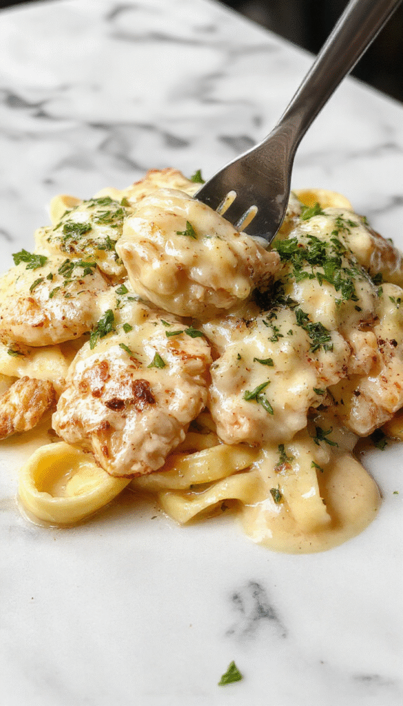 A close-up of a vibrant white ceramic plate featuring creamy chicken alfredo pasta, topped with freshly grated Parmesan cheese and chopped parsley. The dish showcases tender pieces of chicken nestled in a rich, smooth Alfredo sauce with perfectly cooked fettuccine. In the background, a rustic wooden table holds a fork twirling some pasta, with a splash of sauce and a sprig of parsley for garnish, evoking warmth and indulgence.