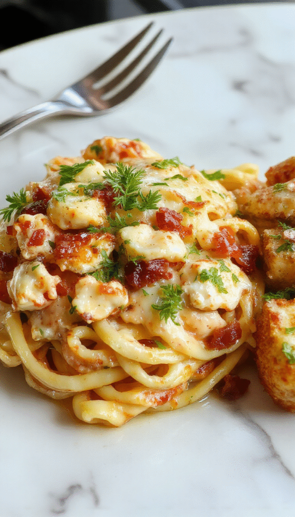 A vibrant plate of creamy chicken bacon ranch pasta featuring spiral noodles coated in a rich, white sauce with crispy bacon pieces and tender chicken chunks. Garnished with chopped green herbs, the dish is presented on a rustic wooden table with a fork twirling a bite, showcasing the creamy texture and flavorful ingredients, styled with fresh herbs and a drizzle of sauce for an inviting look.