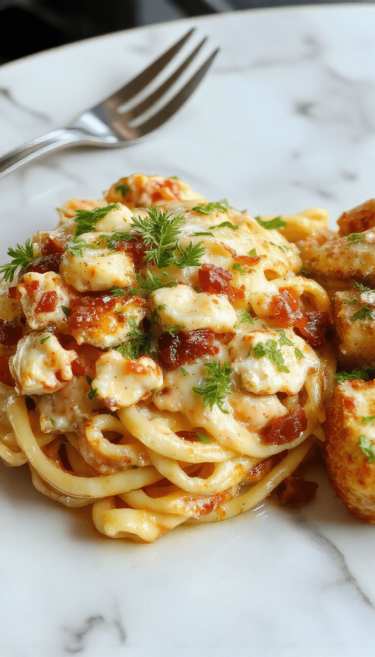 A vibrant plate of creamy chicken bacon ranch pasta featuring spiral noodles coated in a rich, white sauce with crispy bacon pieces and tender chicken chunks. Garnished with chopped green herbs, the dish is presented on a rustic wooden table with a fork twirling a bite, showcasing the creamy texture and flavorful ingredients, styled with fresh herbs and a drizzle of sauce for an inviting look.