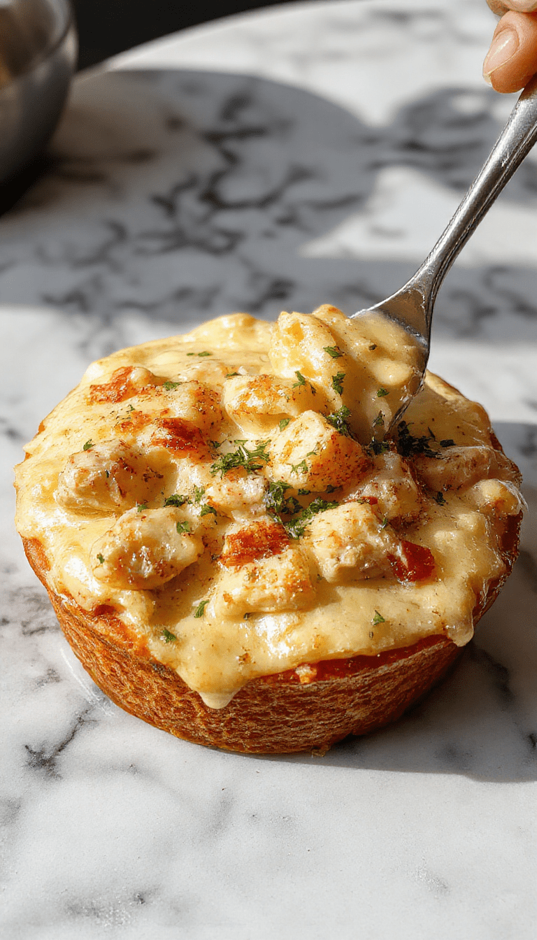 A vibrant plate of creamy chicken pot pie pasta featuring tender shredded chicken, golden flaky pie crust crumbles, and colorful vegetables coated in a rich sauce, garnished with fresh herbs, styled on a rustic wooden table with warm lighting.