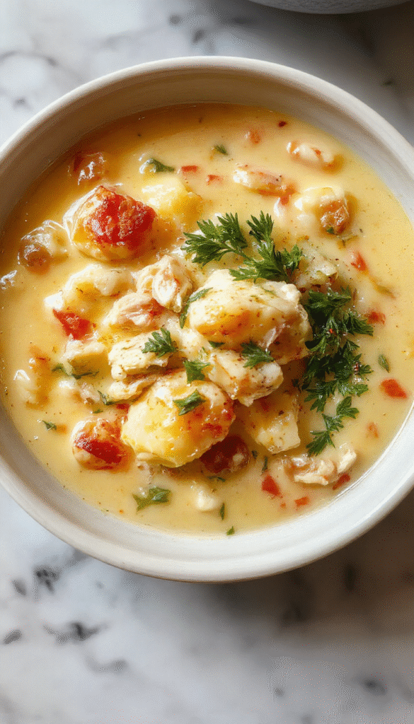 A steaming bowl of creamy chicken pot pie soup garnished with fresh parsley and golden-brown pie crust crumbles, set on a rustic wooden table with a drizzle of cream and fresh herbs, showcasing a hearty and inviting dish with a smooth texture and appealing presentation.