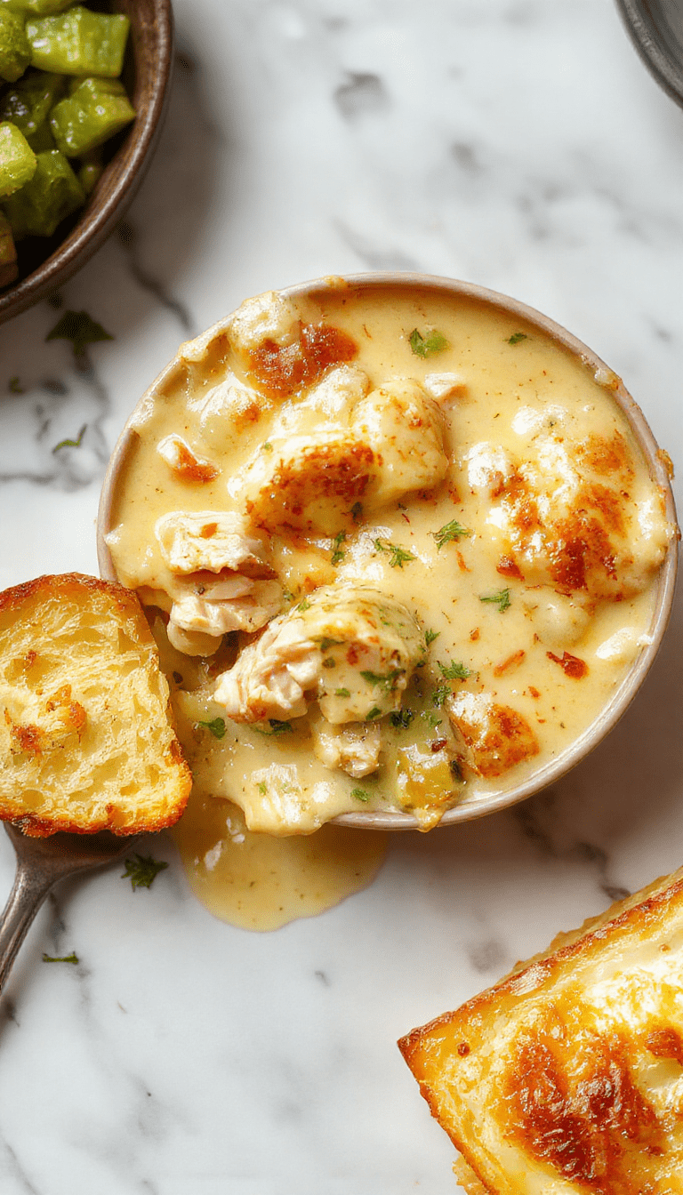 A steaming bowl of chicken pot pie soup garnished with fresh herbs, featuring chunks of tender chicken, carrots, potatoes, and peas in a creamy broth, served with a golden flaky crust topping and a sprinkle of parsley, all styled on a rustic wooden table with warm lighting.