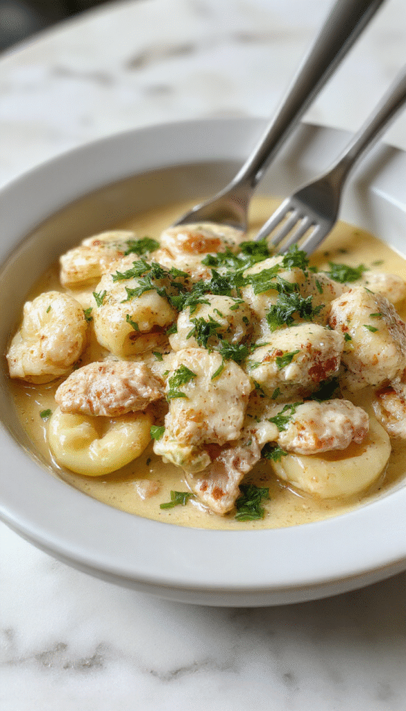 A close-up shot of a creamy chicken tortellini dish served on a white plate, showcasing tender tortellini filled with cheese and chicken, coated in a rich, velvety sauce, garnished with chopped parsley, with a rustic wooden background.