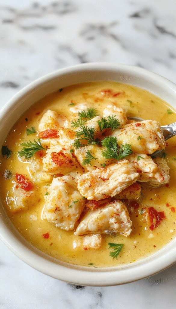 A steaming bowl of creamy chicken and rice soup, garnished with chopped parsley and black pepper. The soup has a rich, velvety texture with chunks of shredded chicken and tender rice floating in a creamy broth. The bowl is white with a rustic wooden table and a side of crusty bread, styled to evoke warmth and comfort.