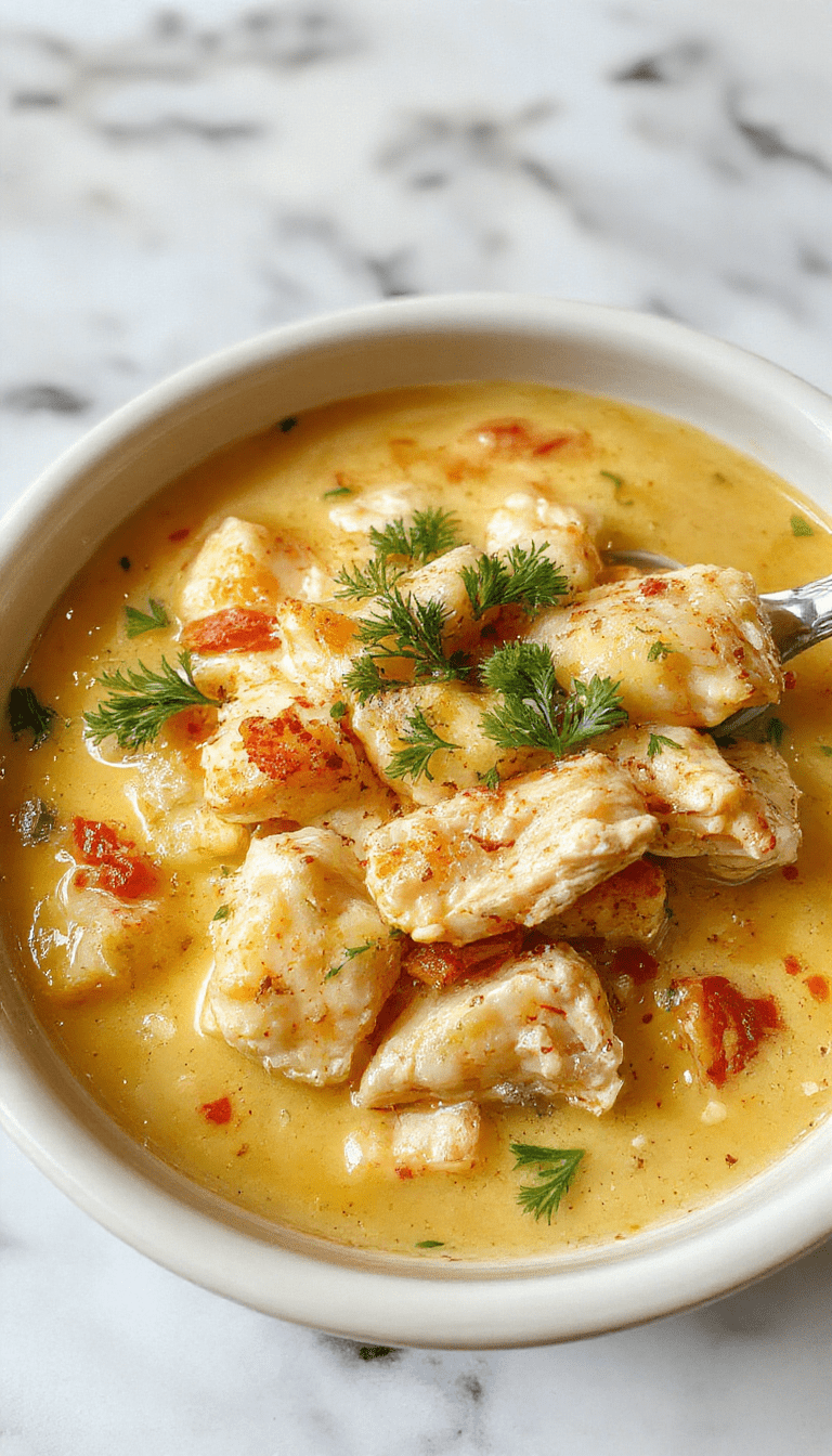 A steaming bowl of creamy chicken and rice soup, garnished with chopped parsley and black pepper. The soup has a rich, velvety texture with chunks of shredded chicken and tender rice floating in a creamy broth. The bowl is white with a rustic wooden table and a side of crusty bread, styled to evoke warmth and comfort.