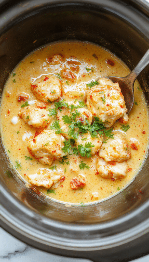 A vibrant bowl of creamy chicken tikka masala with chunks of tender chicken coated in rich, orange-colored coconut curry sauce. The dish is garnished with fresh cilantro and served alongside steamed rice, with a rustic wooden table background and a garnish of sliced lime and onion rings.