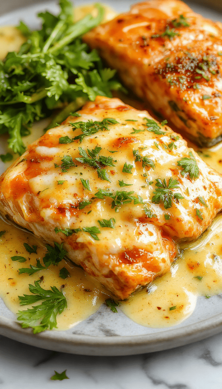 Vibrant salmon fillet topped with a creamy coconut curry sauce with visible shredded coconut, garnished with fresh herbs, served on a white plate with a drizzle of garlic butter around the edges, colorful vegetables in the background, rustic wooden table backdrop.