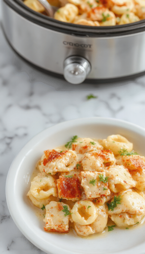 A vibrant bowl of creamy chicken tortellini featuring golden-brown shredded chicken, tender tortellini pasta, fresh green spinach, and melted cheese, all garnished with chopped herbs on a rustic wooden table with a side of garlic bread.