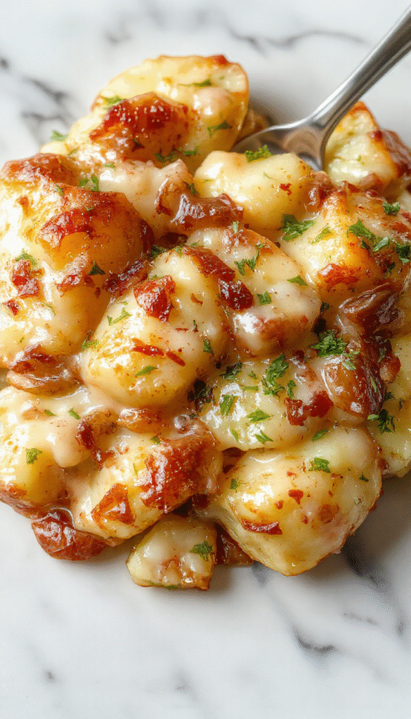 A golden-brown cheesy French onion potato bake served in a rustic white ceramic dish, garnished with fresh herbs. The creamy layers of tender potatoes topped with caramelized onions and melted cheese create a textured, inviting appearance. The dish is placed on a wooden table with a sprig of thyme and a side of fresh salad, showcasing an appetizing, comfort-food presentation.