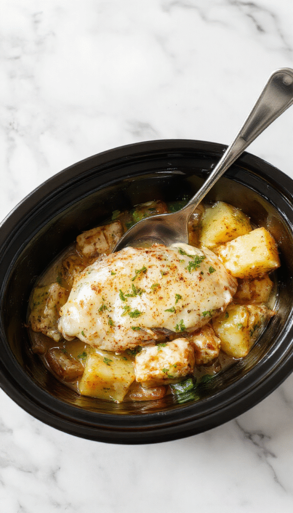 A vibrant plate featuring tender shredded chicken coated in a rich creamy garlic parmesan sauce, served alongside roasted golden potatoes garnished with fresh herbs, all beautifully arranged on a rustic wooden table with a sprinkle of parmesan cheese and chopped parsley.