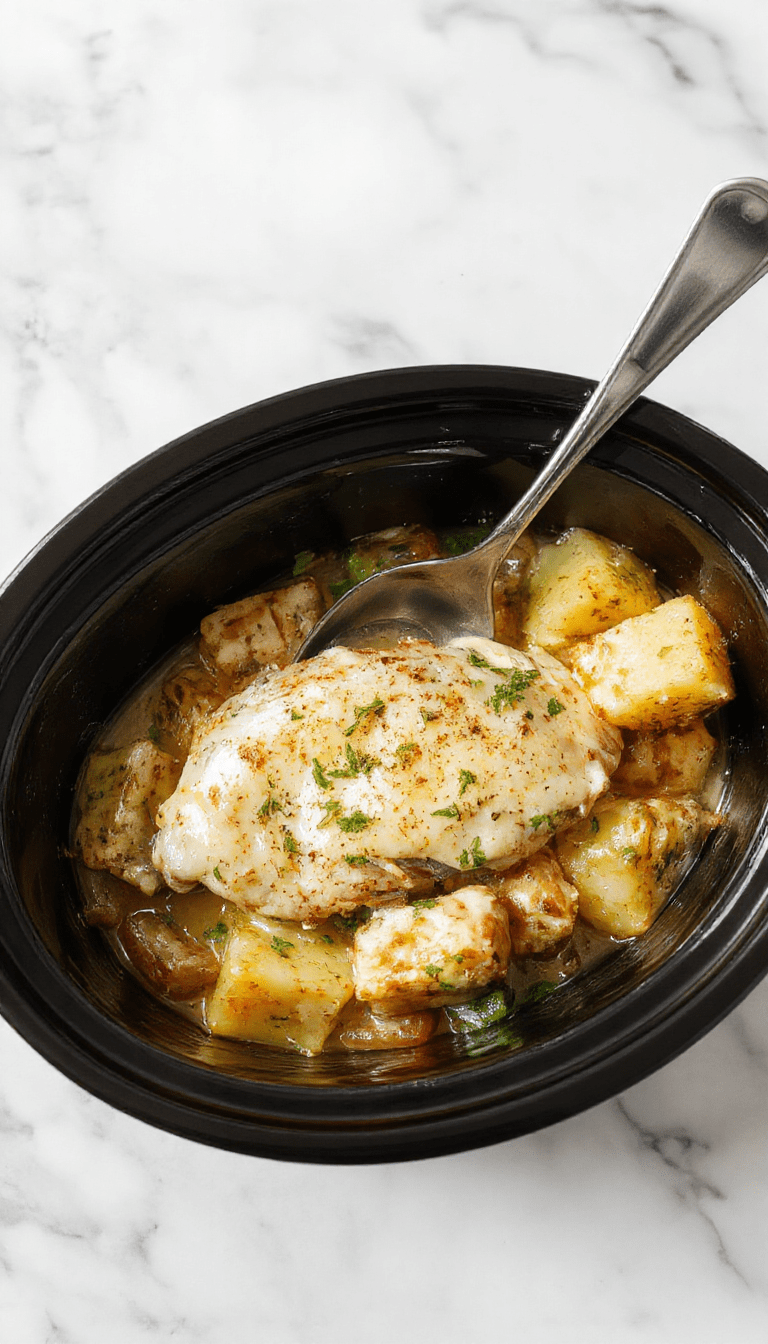 A vibrant plate featuring tender shredded chicken coated in a rich creamy garlic parmesan sauce, served alongside roasted golden potatoes garnished with fresh herbs, all beautifully arranged on a rustic wooden table with a sprinkle of parmesan cheese and chopped parsley.