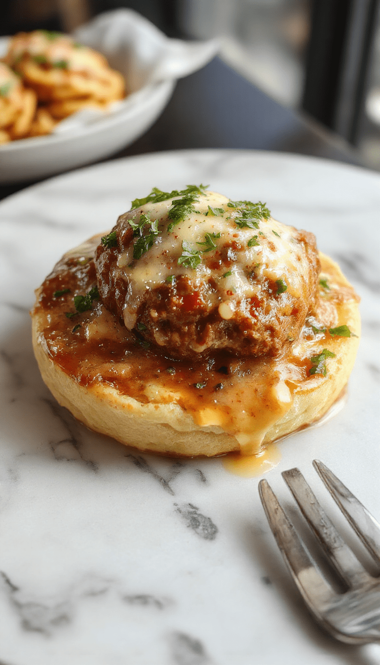 A close-up of golden-brown Italian meatballs topped with melted cheese and fresh herbs, served on a rustic plate with marinara sauce, vibrant green basil, and a side of spaghetti, with a background of a cozy kitchen setting featuring warm lighting and wooden table surfaces.