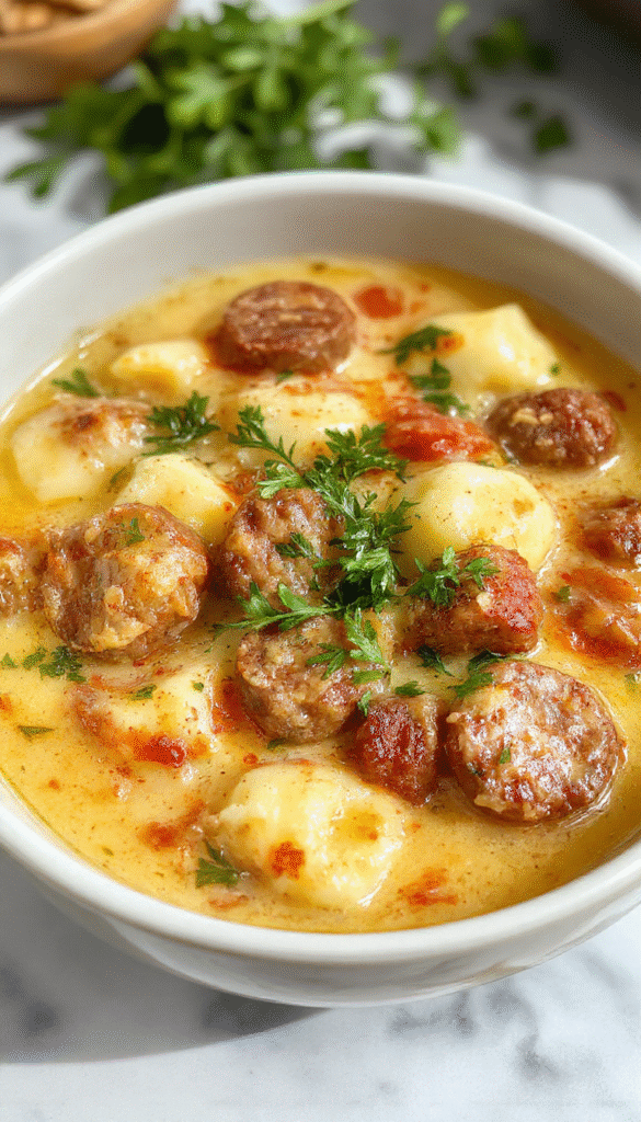 A steaming bowl of creamy Italian sausage gnocchi soup topped with fresh herbs, showcasing tender gnocchi, savory sausage pieces, and vibrant greens in a rich broth, styled in a rustic white bowl on a wooden surface.
