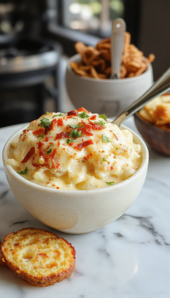 A steaming bowl of creamy loaded baked potato soup with golden-brown shredded cheese and crispy bacon bits topped with chopped green onions, served in a rustic white bowl on a wooden surface with a drizzle of sour cream and fresh herbs, highlighting the rich textures and warm colors of the soup