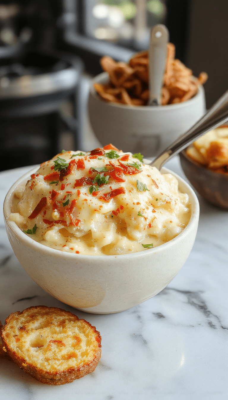 A steaming bowl of creamy loaded baked potato soup with golden-brown shredded cheese and crispy bacon bits topped with chopped green onions, served in a rustic white bowl on a wooden surface with a drizzle of sour cream and fresh herbs, highlighting the rich textures and warm colors of the soup