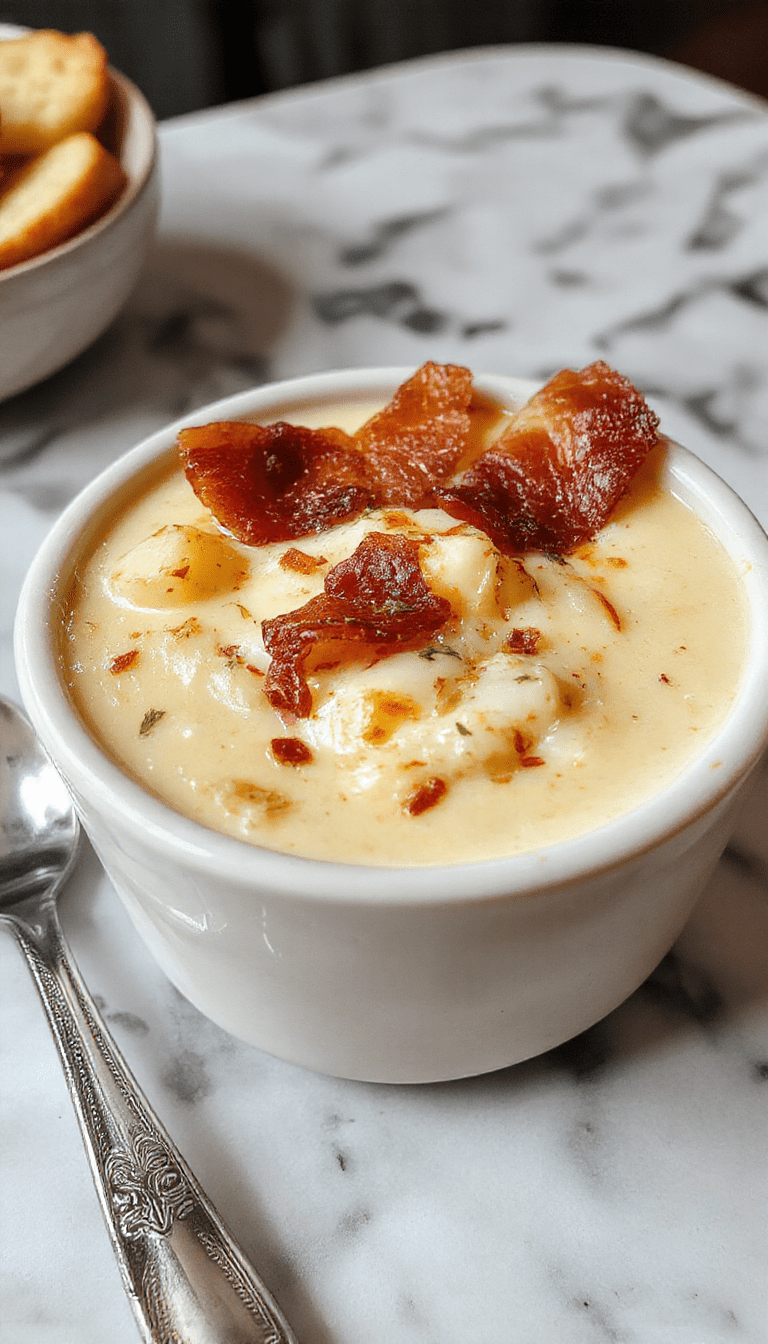 A vibrant bowl of creamy loaded potato soup topped with freshly chopped green onions, crispy bacon bits, and melted cheese. The soup has a rich, smooth texture with a golden-brown bacon garnish contrasting against the creamy white and yellow hues of the soup, presented on a rustic wooden table with a spoon strategically placed.