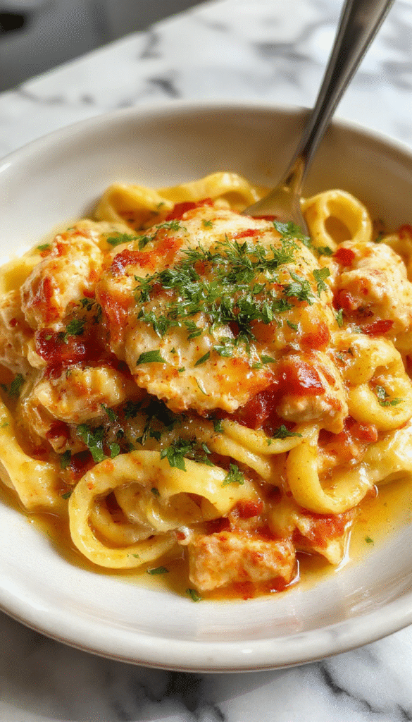 A close-up of a creamy chicken pasta dish on a rustic white plate, featuring tender chicken pieces coated in a glossy, velvety sauce, garnished with chopped parsley. The vibrant pasta is accented by a drizzle of cream and melted cheese, with a fork twirling a generous bite. The background shows a wooden table setup with fresh herbs and a glass of white wine, emphasizing a cozy, home-cooked feel.