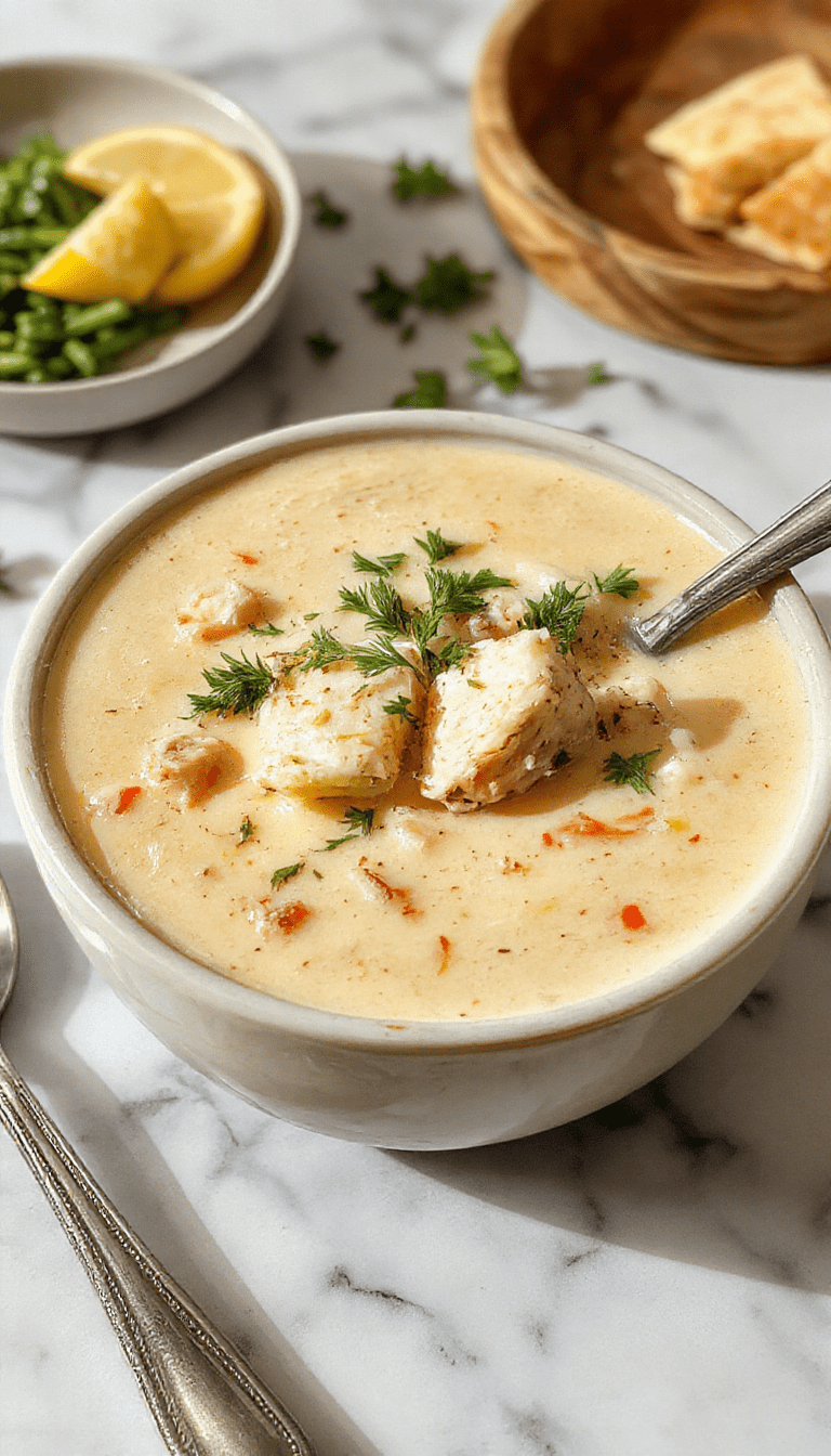 A rich bowl of creamy Marry Me Chicken Soup featuring tender shredded chicken in a velvety white broth, topped with fresh herbs and cracked black pepper, served in a rustic white bowl on a wooden table with garnishes of chopped parsley and a slice of crusty bread on the side, emphasizing the smooth textures and inviting aroma.