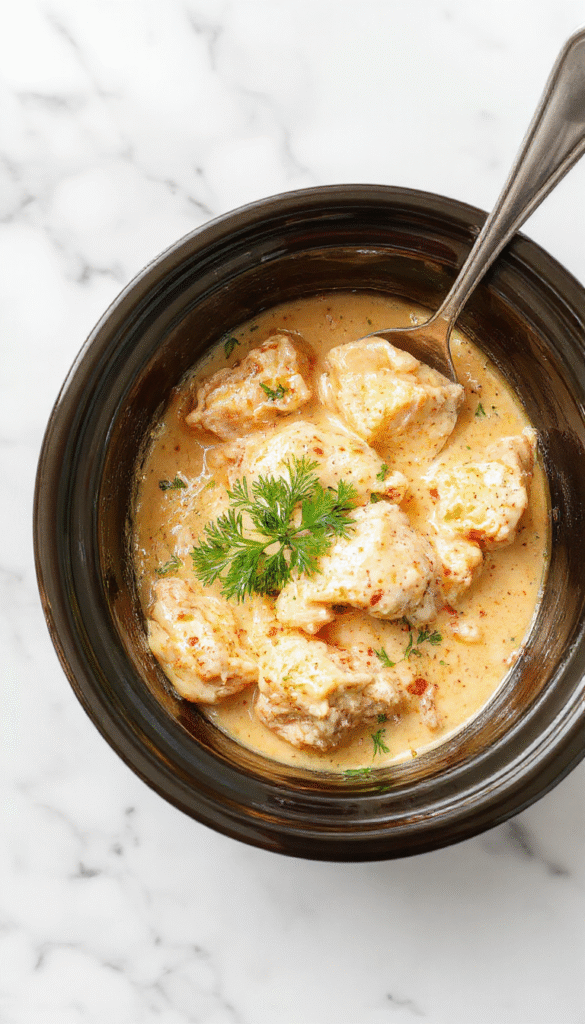 A close-up of a creamy chicken dish in a white bowl, topped with fresh herbs. The chicken is tender and coated in a rich, velvety sauce with a golden hue. The background shows a rustic wooden table with sprigs of parsley and a spoon, styled simply for a homely feel.