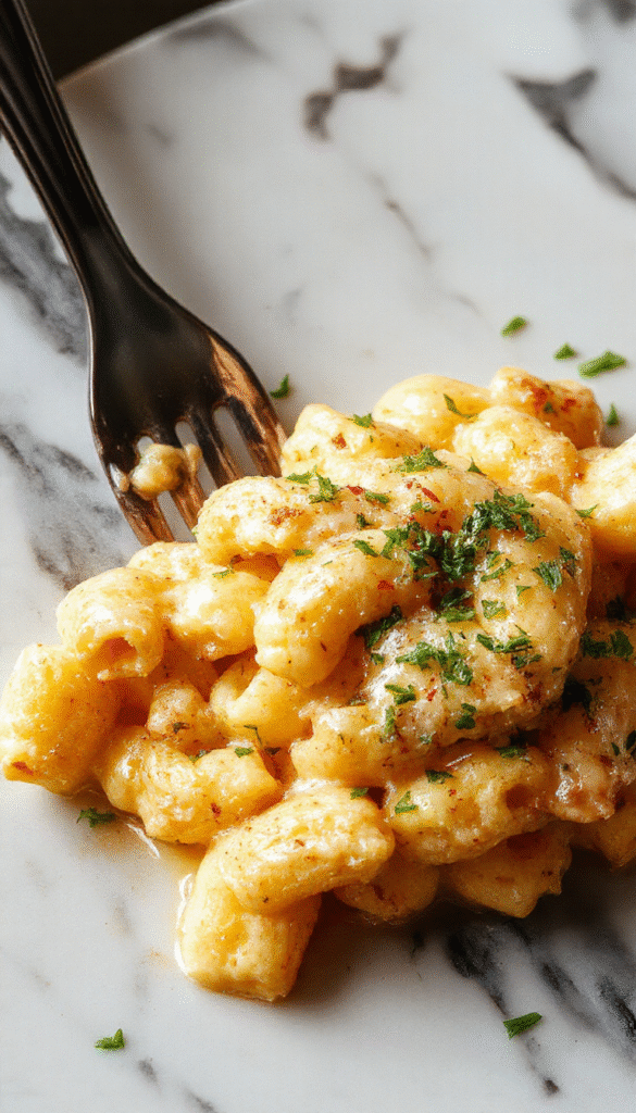 A vibrant plate of creamy, cheesy macaroni topped with melted cheese and garnished with fresh parsley on a rustic wooden table, with steam rising and a golden cheese sauce coating tender pasta