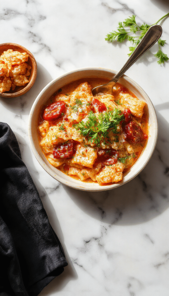 A vibrant plate of creamy tomato pasta topped with fresh basil and grated cheese, served in a white bowl on a rustic wooden table with a sprig of basil for garnish. The pasta has a rich, creamy sauce with a smooth texture and bright red tomato color, accented with herbs and a drizzle of olive oil, creating an inviting and appetizing scene.