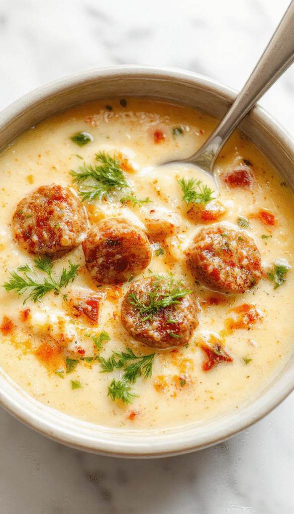 A warm bowl of Italian sausage soup garnished with fresh herbs and grated Parmesan cheese, placed on a rustic wooden table with a spoon, vibrant colors of the sausage, vegetables, and creamy broth visible, styled with a cozy, inviting atmosphere.