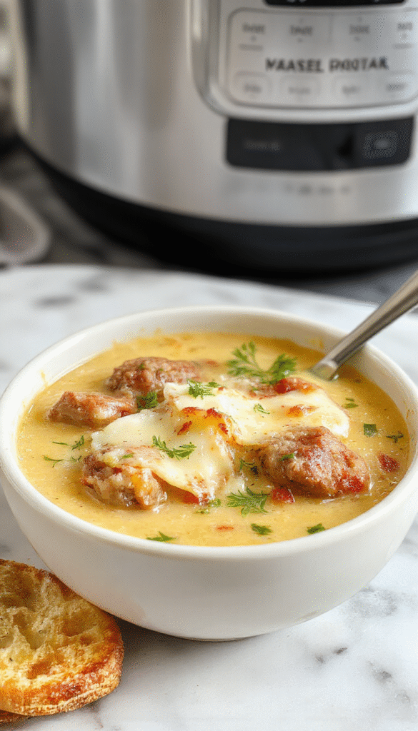 A steaming bowl of creamy Italian sausage soup topped with melted Parmesan cheese and fresh herbs, surrounded by slices of crusty bread, vibrant green vegetables, and golden-brown sausage slices, all styled elegantly on a rustic wooden table with warm lighting